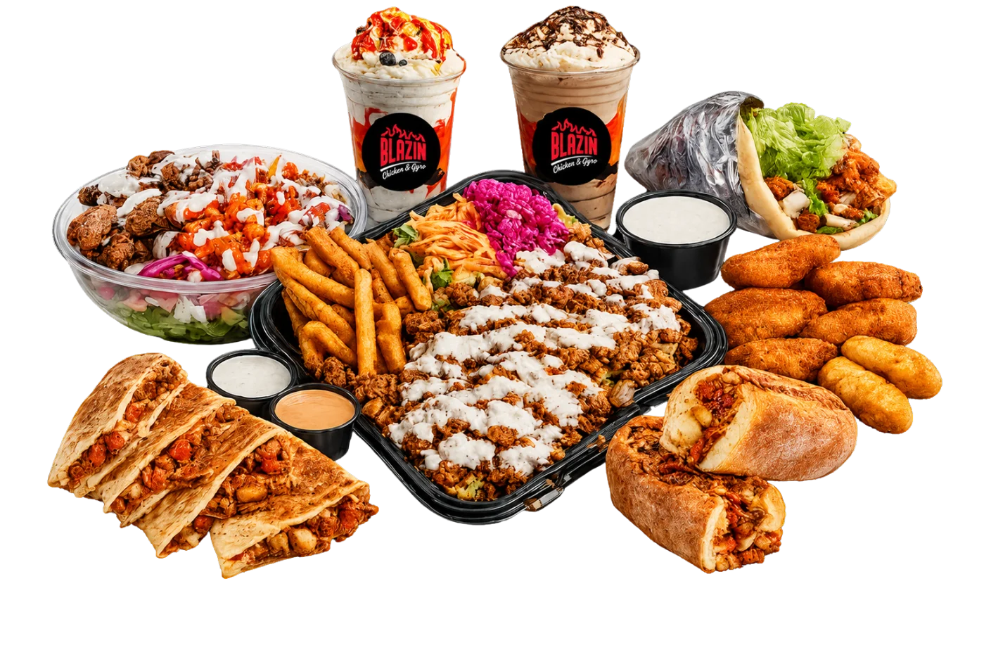 Blazin platters, gyro, tenders, sandwiches and shakes